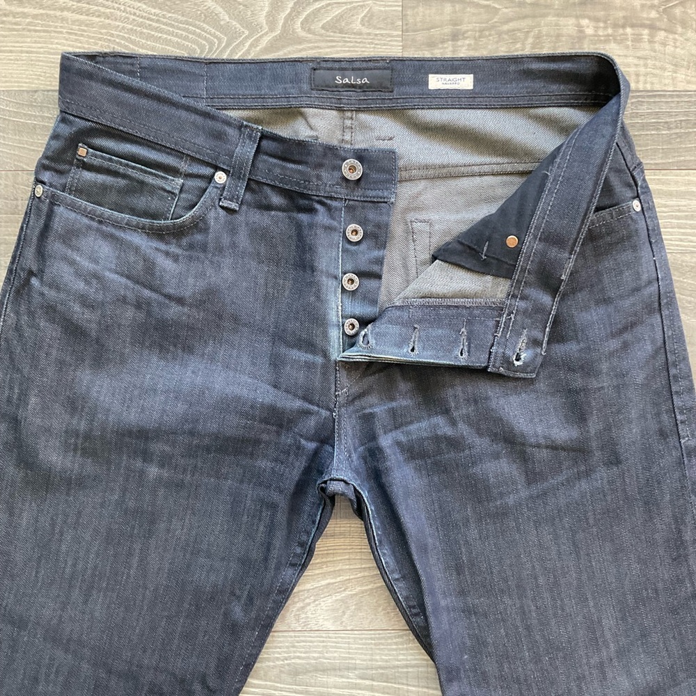 36x30 Salsa Straight Button Fly Jeans Men’s Blue Dark Wash Raw Denim